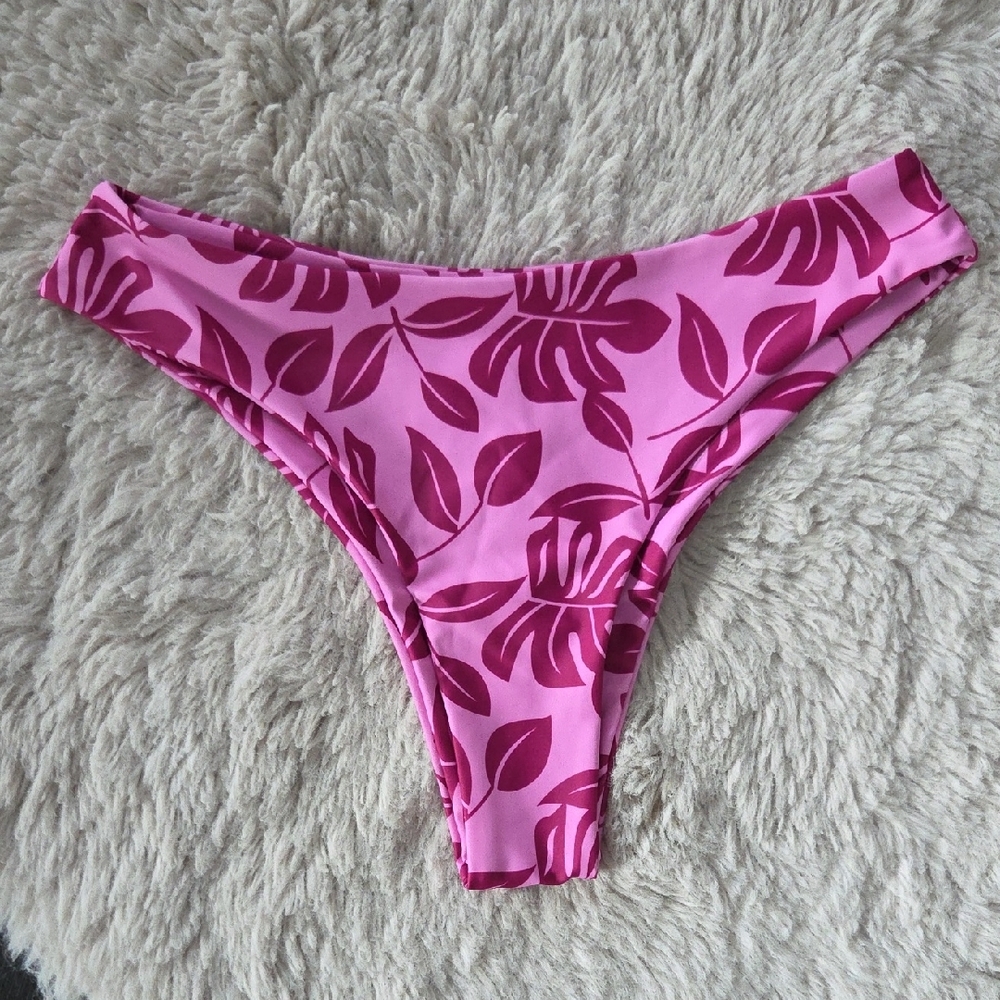 SHEIN Pink Leaf Print Bikini Bottom Sz M